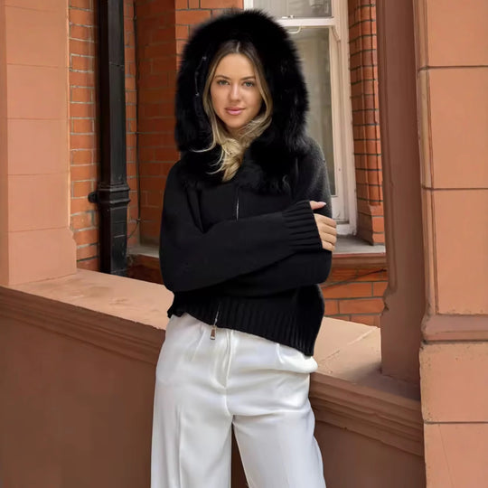 Damen Strickjacke mit luxuriösem Kunstfellkragen und Reißverschluss EB