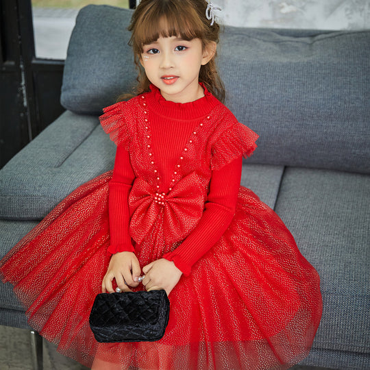 Mädchen Festliches Tüllkleid mit Pailletten und Schleifendetail EB
