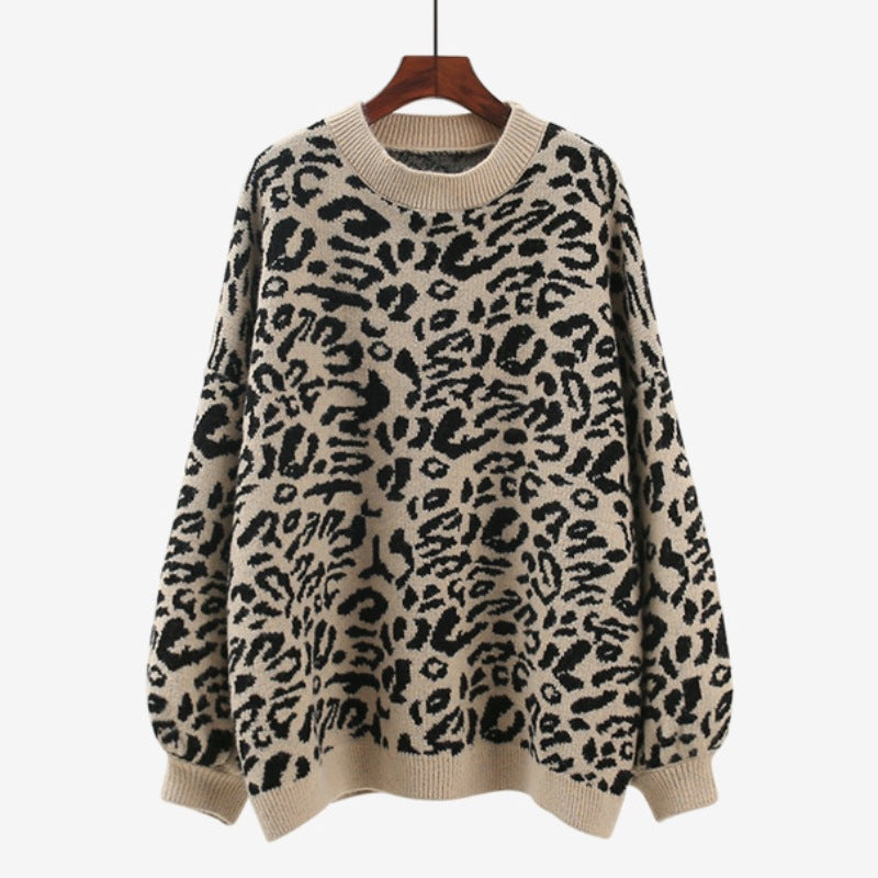 Damen Oversized Strickpullover mit Leopardenmuster und weichem Material EB