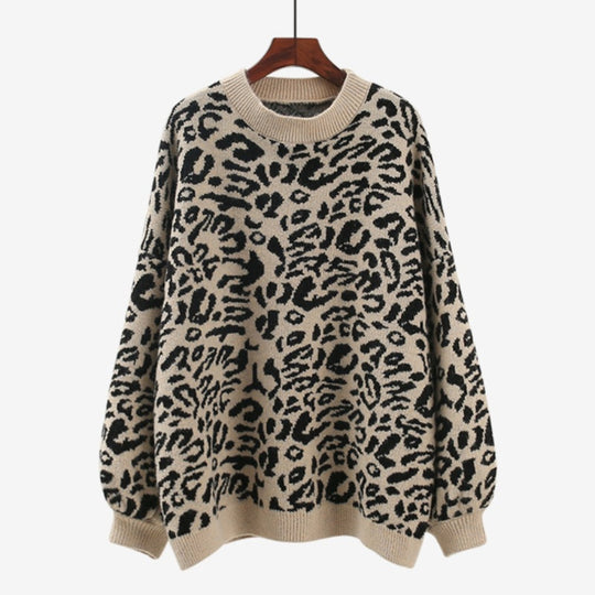 Damen Oversized Strickpullover mit Leopardenmuster und weichem Material EB