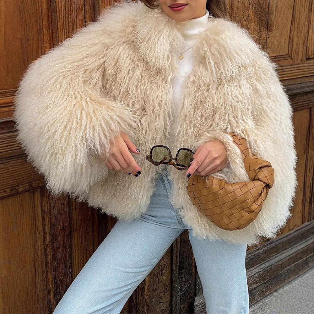 Damen Eleganter Kunstpelzmantel mit hohem Kragen und stilvollem Schnitt EB