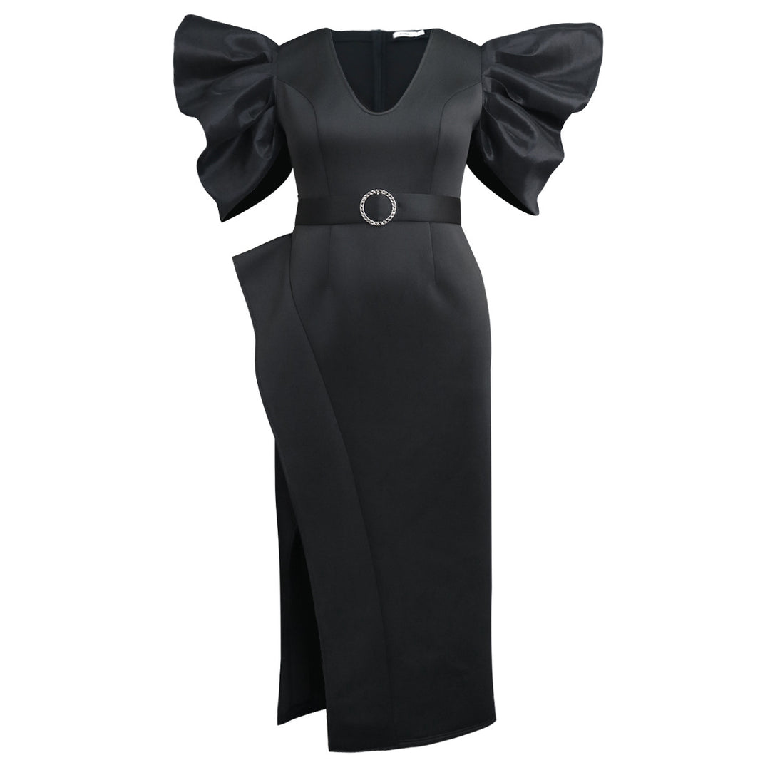 Damen Elegantes Abendkleid mit voluminösen Puffärmeln und einem stilvollen Gürtel EB