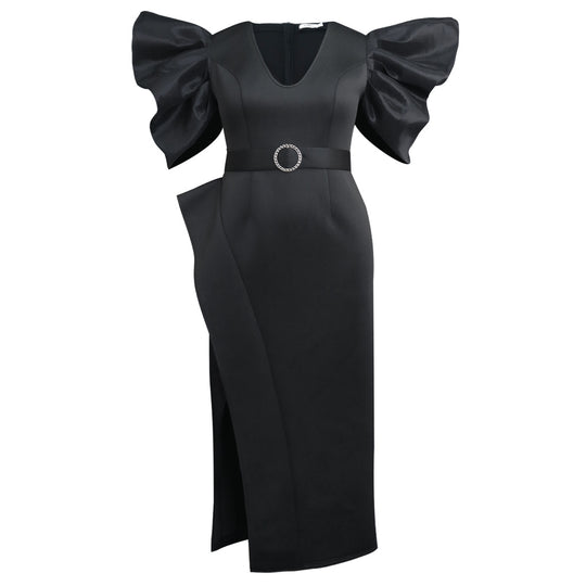 Damen Elegantes Abendkleid mit voluminösen Puffärmeln und einem stilvollen Gürtel EB