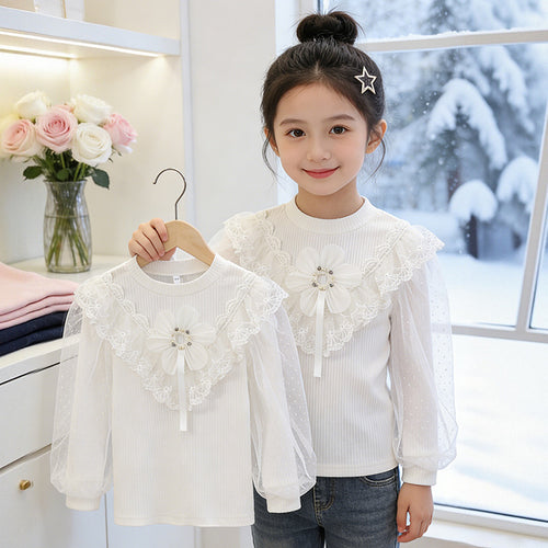Mädchen elegante Bluse mit floralen Applikationen und transparenter Spitze EB
