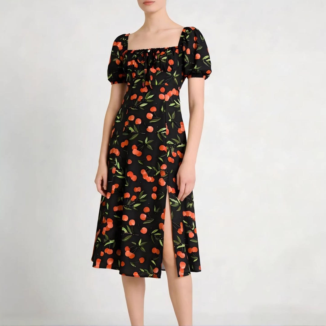 Damen Maxikleid mit pflanzlichem Muster und raffiniertem Schlitz EB
