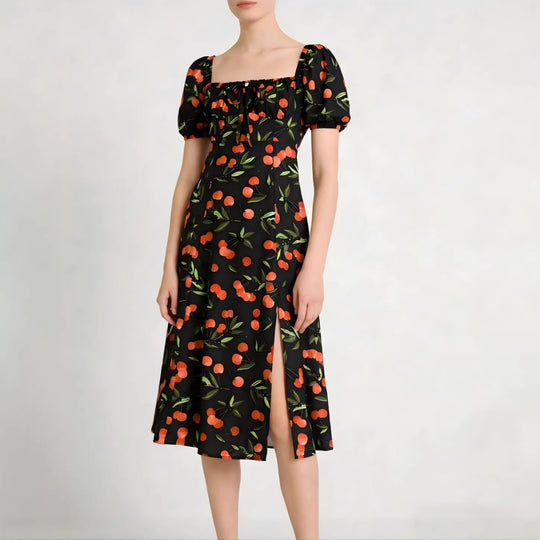 Damen Maxikleid mit pflanzlichem Muster und raffiniertem Schlitz EB