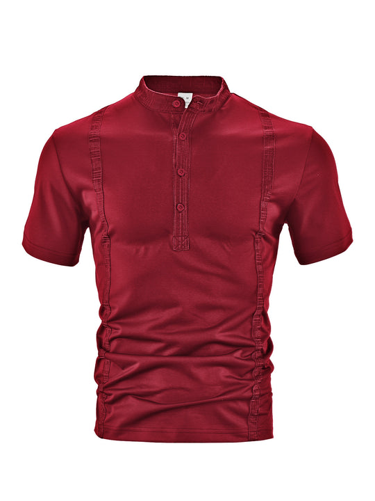 Herren nan Kurzarm-Stehkragenshirt mit verdeckter Knopfleiste, Zierpaspeln und figurbetonter Silhouette EB