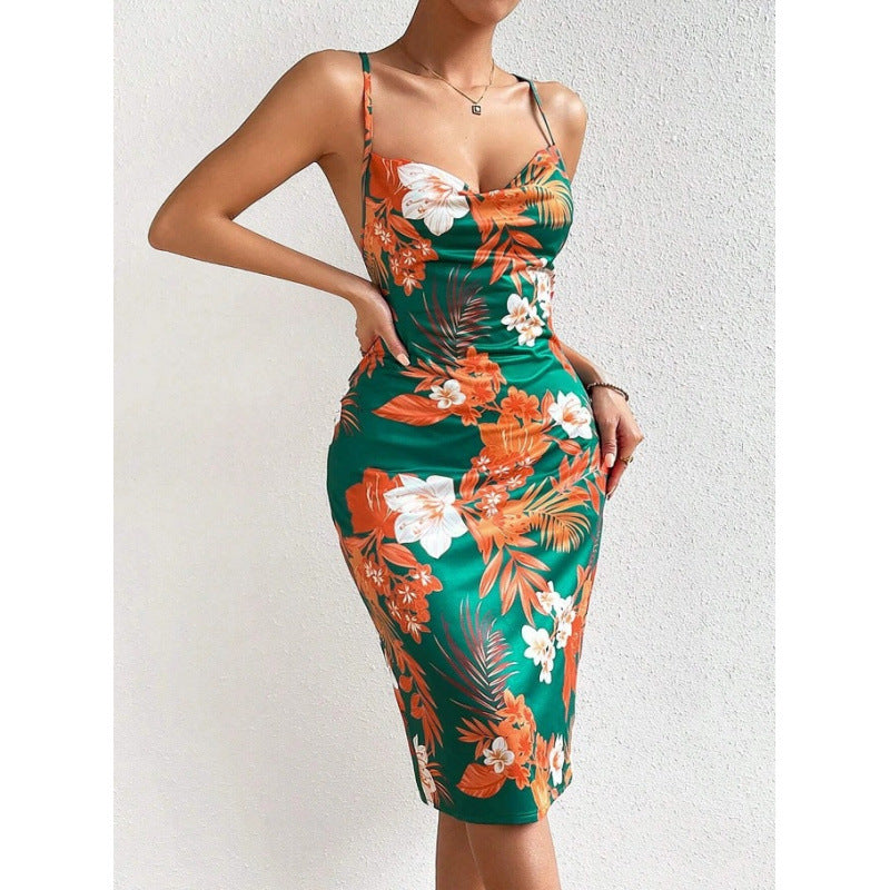Damen Sommerliches Etuikleid mit floralem Design und Spaghetti-Trägern EB