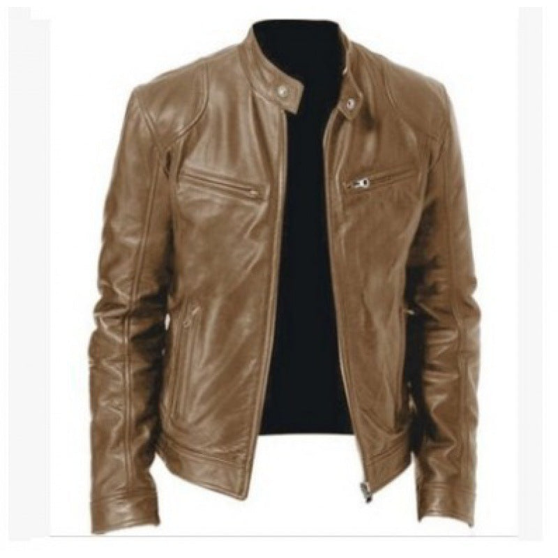 Herren nan schlanke Echtleder-Bikerjacke mit Stehkragen, zwei Brust-Reißverschlusstaschen und geradliniger Silhouette EB