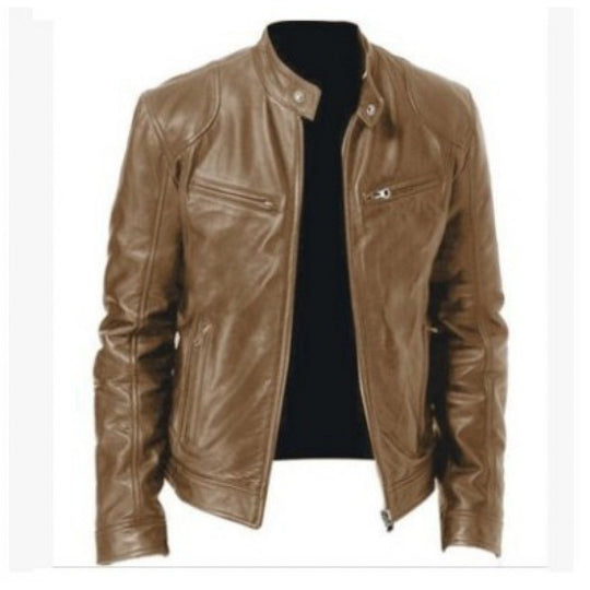 Herren nan schlanke Echtleder-Bikerjacke mit Stehkragen, zwei Brust-Reißverschlusstaschen und geradliniger Silhouette EB