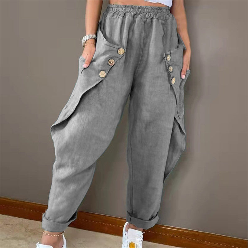 Damen lässige Sommerhose mit Knopfdetails und praktischen Seitentaschen EB