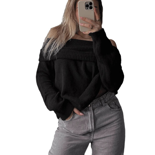 Damen lässiger Off-Shoulder Pullover mit Rippenstruktur EB