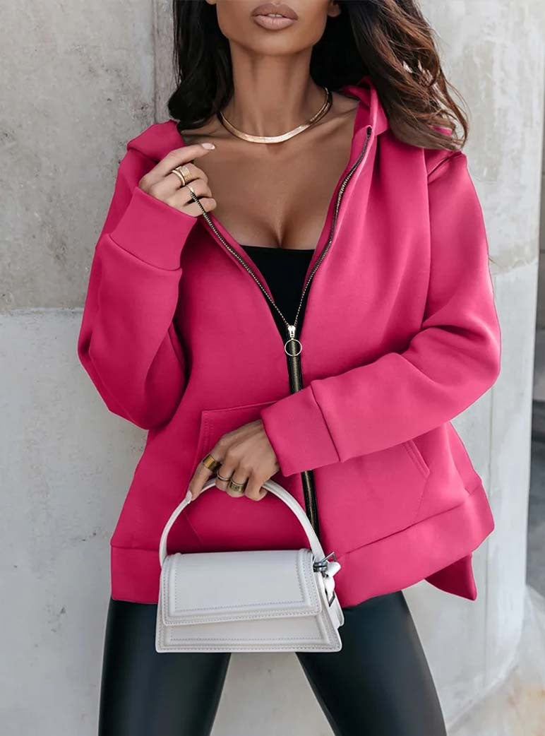 Damen sportlicher, oversized Kapuzenpullover mit Reißverschluss und praktischen Taschen EB