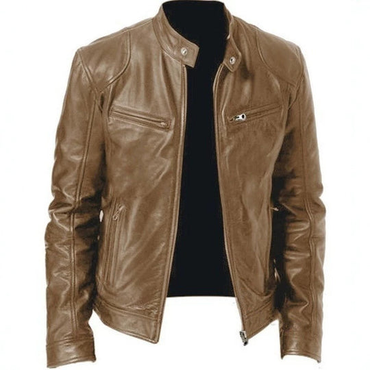 Herren nan vintage-inspirierte Lederjacke im Bikerstil mit Stehkragen und sichtbaren Reißverschlüssen EB