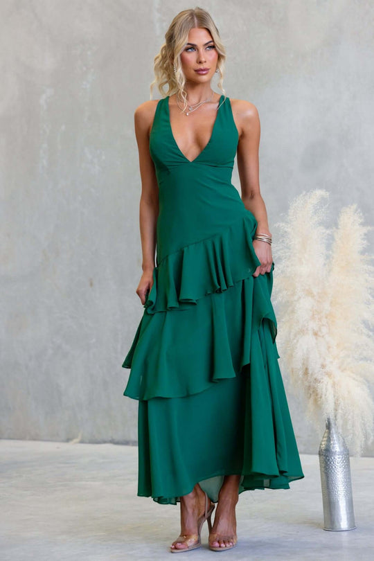 Damen Maxikleid mit verführerischen Rüschenschichten und tiefem V-Ausschnitt EB