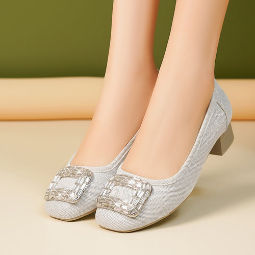 Damen Ballerinas mit tragbarem Blockabsatz und funkelndem Schmuckdetail EB