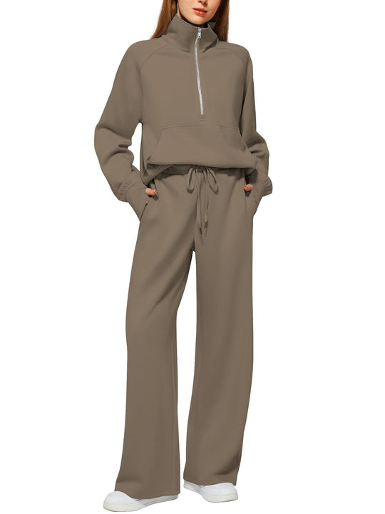 Damen Freizeit Sweatpants-Anzug mit hohem Kragen und Kängurutasche EB