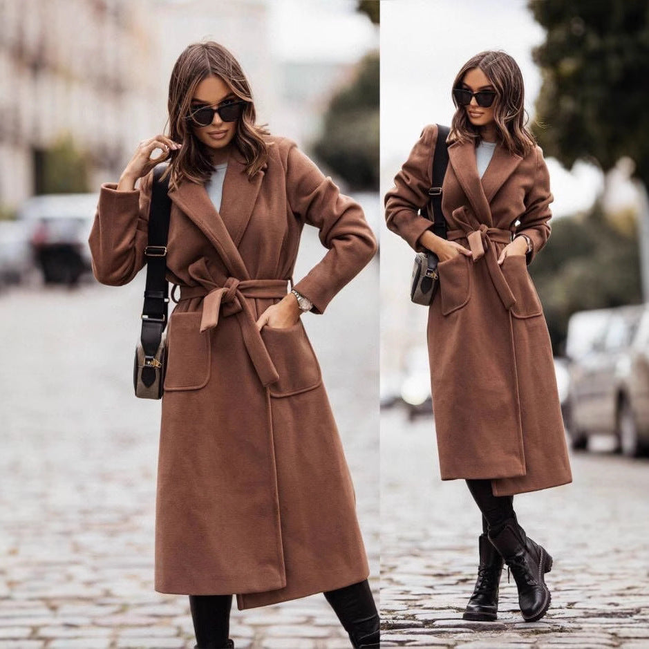 Damen Eleganter Wickel-Mantel mit praktischen Taschen und taillierbarem Gürtel EB