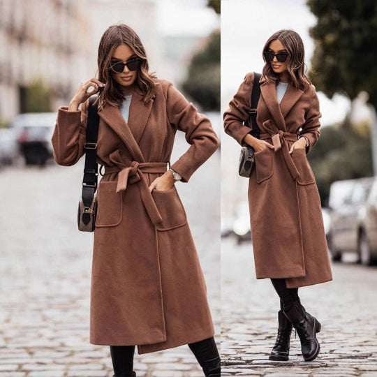 Damen Eleganter Wickel-Mantel mit praktischen Taschen und taillierbarem Gürtel EB