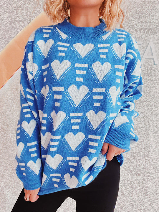 Damen gestrickter Pullover im modernen Herzdesign mit weitem Schnitt EB