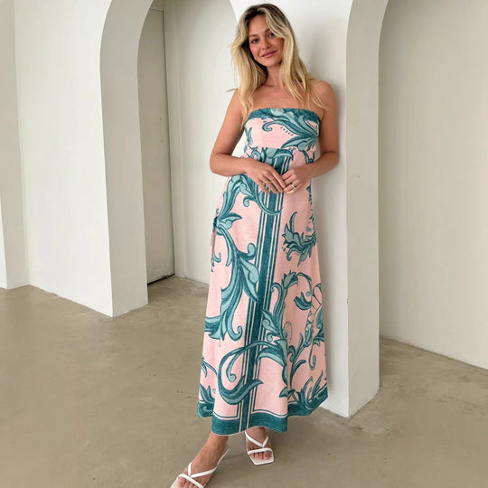 Damen Bandeau Maxikleid mit elegantem floralem Druck und fließendem Schnitt EB