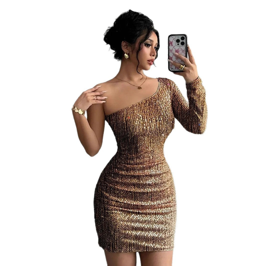 Damen Glitzerndes Cocktailkleid mit asymmetrischem Träger und Raffungen EB