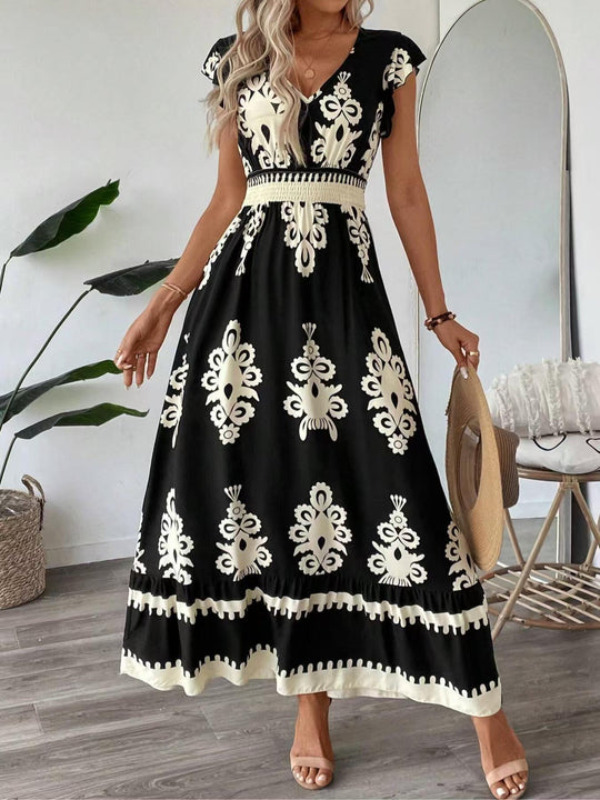 Damen Maxikleid mit V-Ausschnitt und einzigartigem floralem Design EB