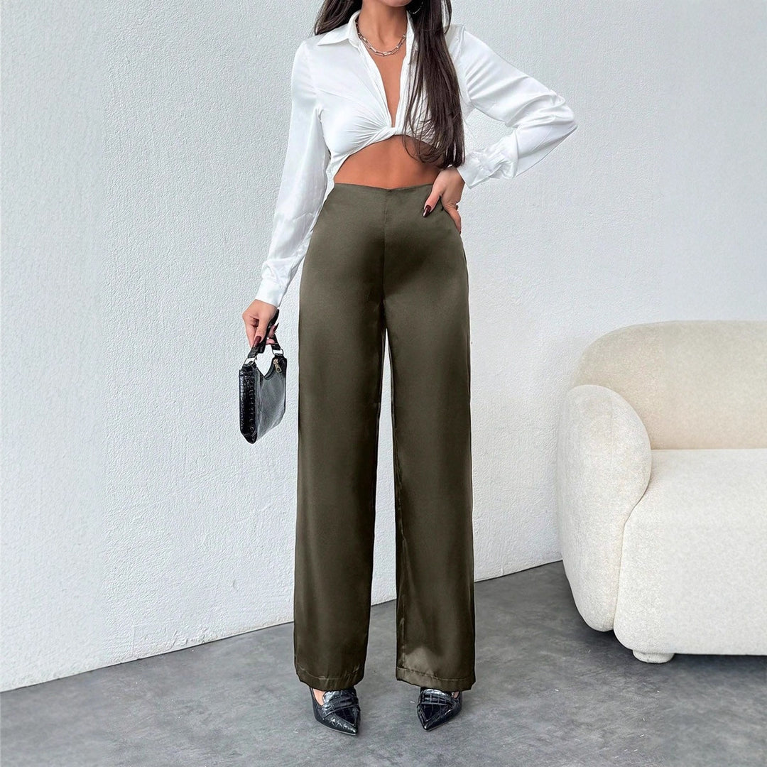 Damen elegante, weite Satin-Hose mit hohem Bund und fließendem Schnitt EB