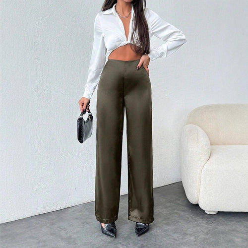 Damen elegante, weite Satin-Hose mit hohem Bund und fließendem Schnitt EB