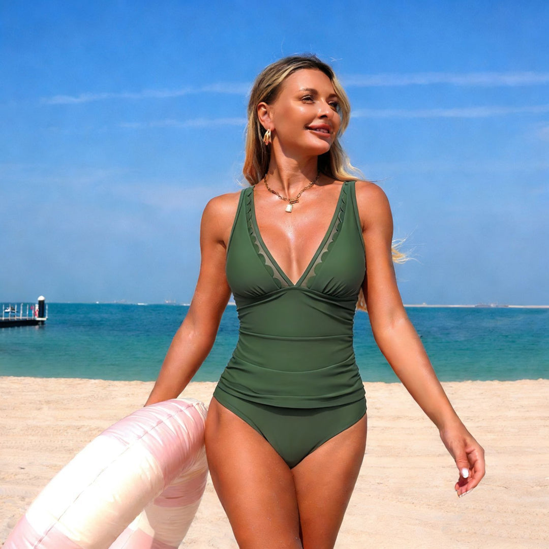 Damen Eleganter Hochtaillierter Einteiler Badeanzug mit modischen Cut-Out-Details EB