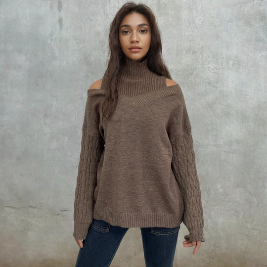 Damen Strickpullover mit offenem Schulterdesign und elegantem Stehkragen EB