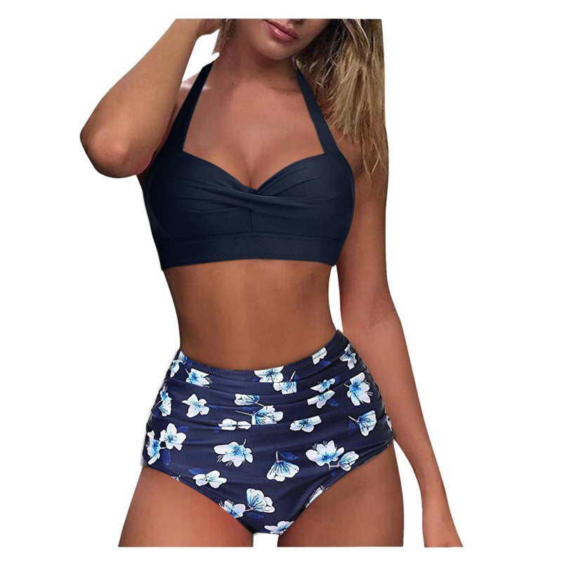 Damen Hochtaillierter Karobikini mit gerafftem Oberteil EB