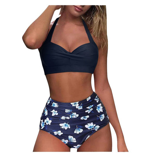 Damen Hochtaillierter Karobikini mit gerafftem Oberteil EB