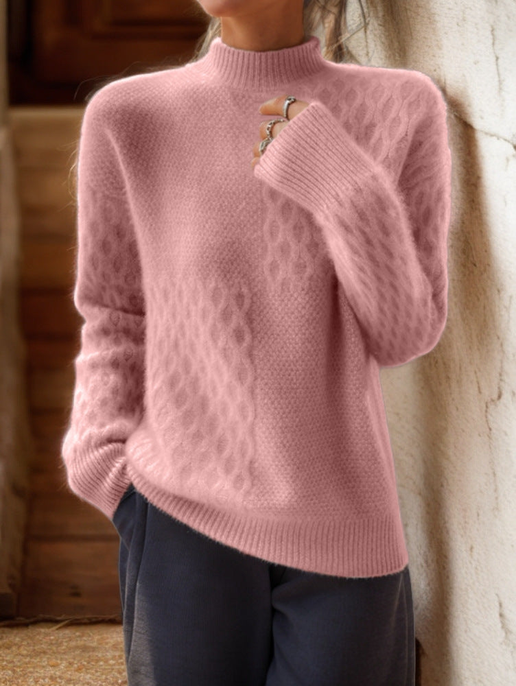 Damen nan lässiger Mohair-Mix Feinstrickpullover mit Strukturmix, Stehkragen und überschnittenen Schultern EB