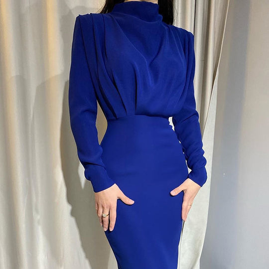 Damen nan elegantes Midikleid mit Drapierter Wasserfall-Front, taillierter Bleistift-Silhouette und langen Ärmeln EB