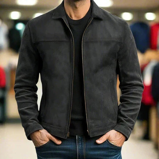 Herren Vintage Velourslederjacke mit schmaler Passform und Reißverschluss EB