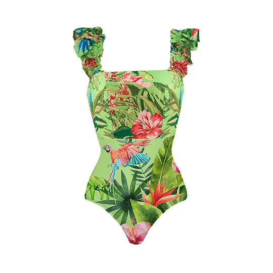 Damen Einteiler Badeanzug mit floralem Muster und Rüschendetails EB