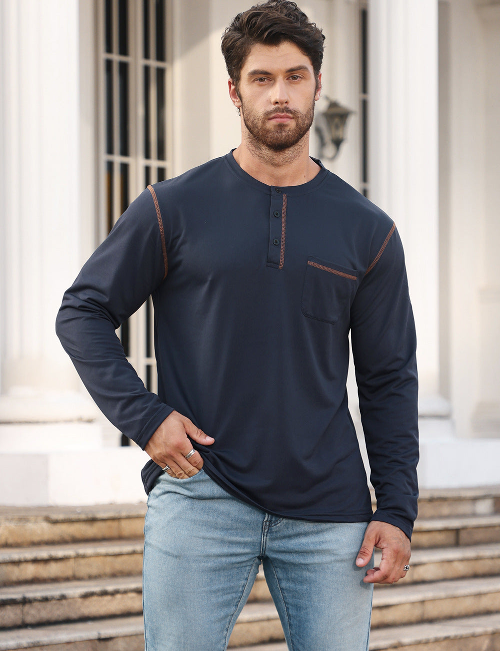 Herren Langarmshirt mit Knopfleiste und Brusttasche EB