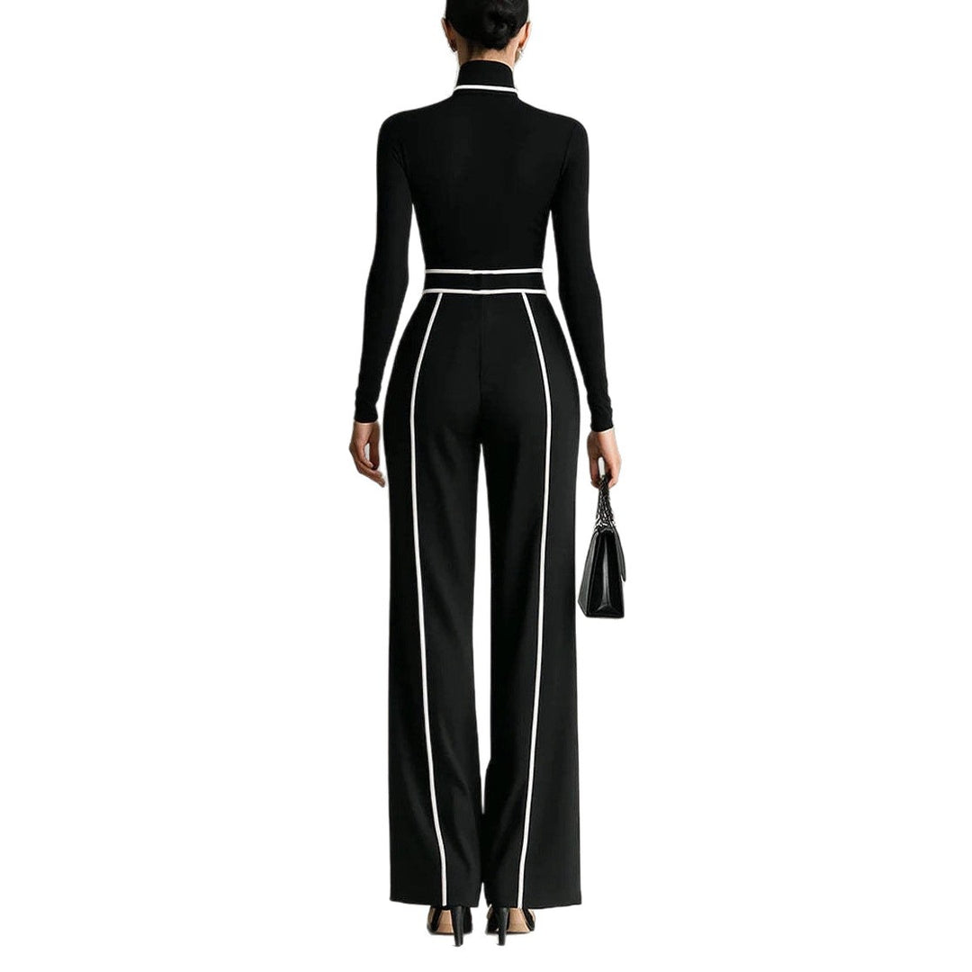 Damen nan elegantes Strickset mit tailliertem Rollkragenoberteil und weiter Plisseehose mit Taillengürtel EB