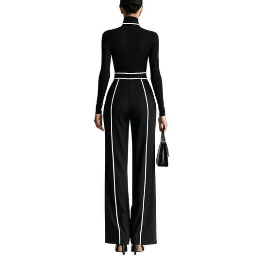Damen nan elegantes Strickset mit tailliertem Rollkragenoberteil und weiter Plisseehose mit Taillengürtel EB