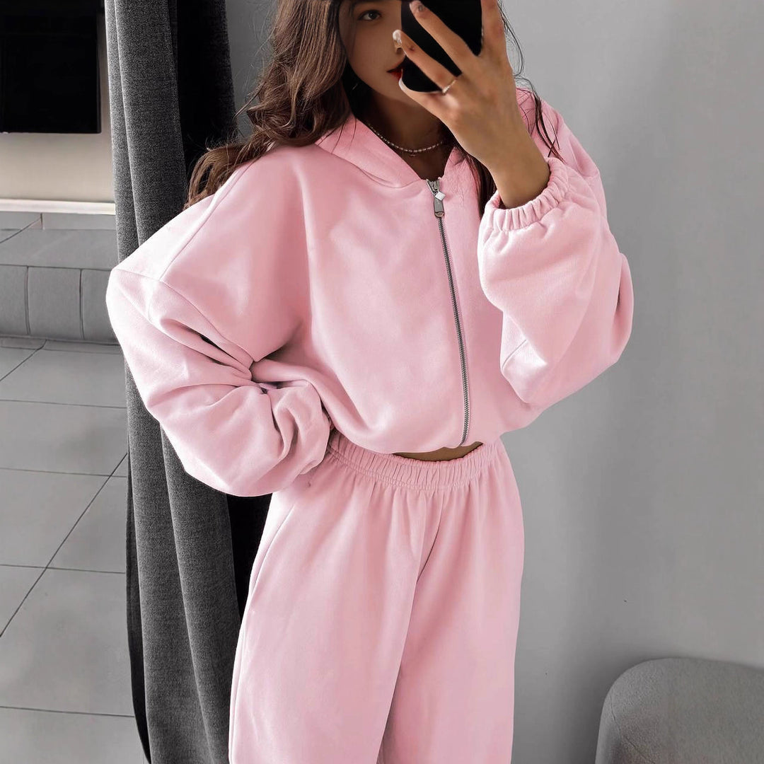 Damen nan oversized Kapuzenjacke mit durchgehendem Reißverschluss und Highwaist Gummibund-Jogginghose Set EB