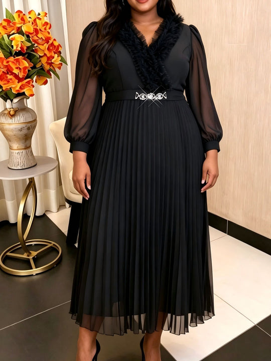 Damen Elegantes plissiertes Midi-Kleid mit Rüschendetails EB