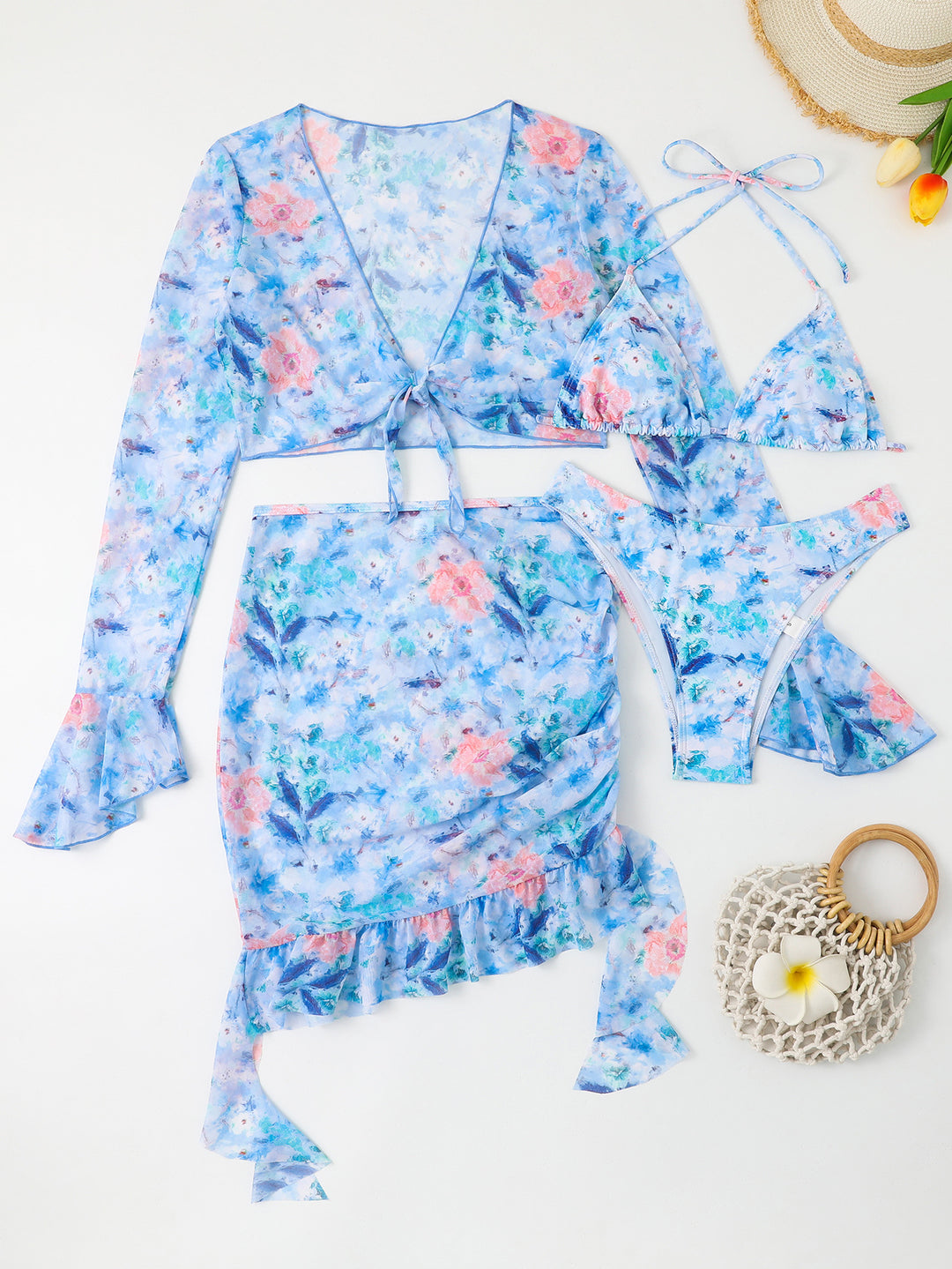 Damen Blusen-Badeoutfit mit buntem Blumenmuster EB