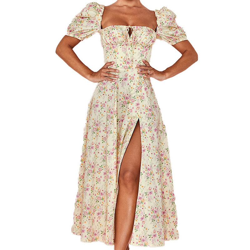Damen Maxi-Kleid mit Puffärmeln und floralem Design EB