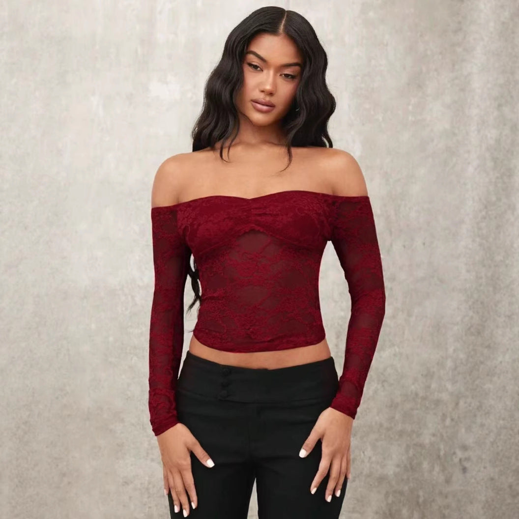 Damen Off-Shoulder Spitzenoberteil mit langen Ärmeln und romantischen Details EB