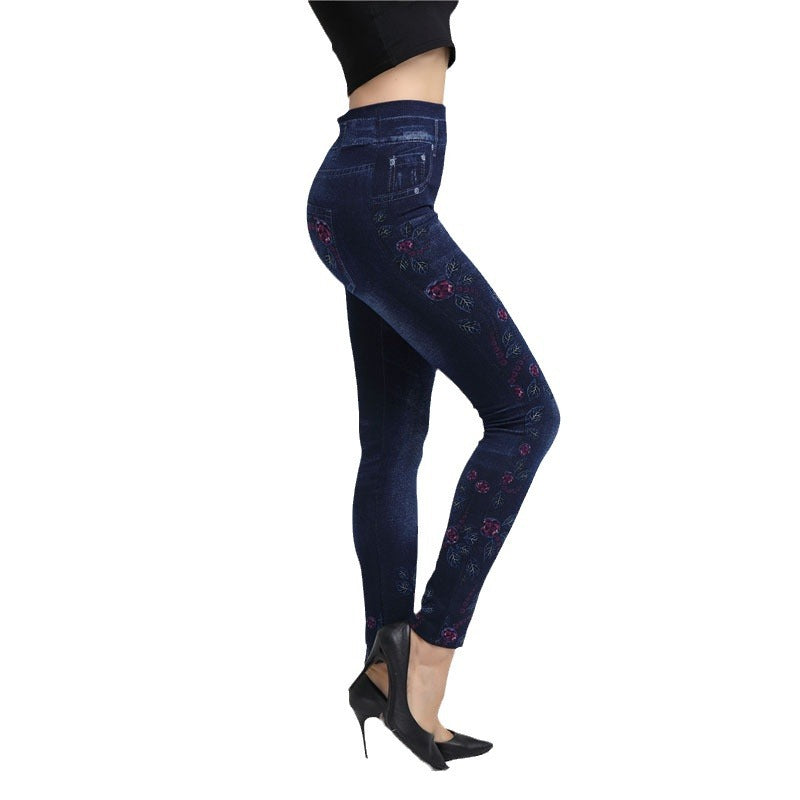 Damen Elegante Jeansleggings mit floralen Applikationen und hohem Bund EB