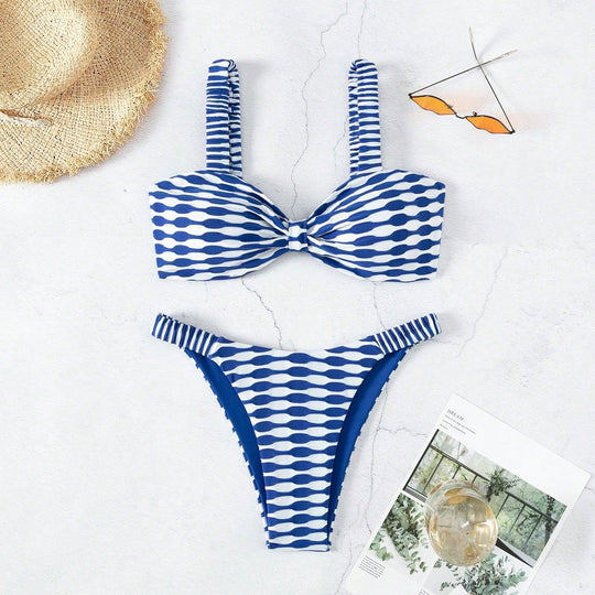 Damen Bandeau-Bikini mit einzigartigem Muster und verstellbaren Trägern EB