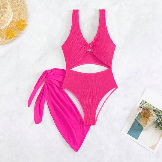 Damen Einteiler Badeanzug mit kreativen Cut-Outs und stilvollem Wickelrock EB