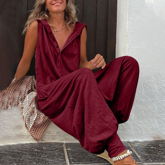 Damen Lässiger Jumpsuit mit Kapuze und Knopfdetails EB