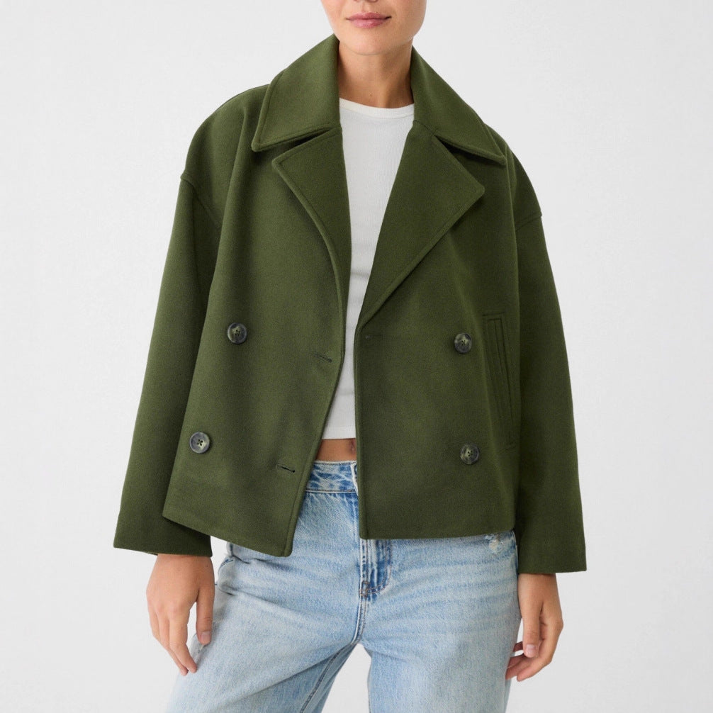 Damen nan kurz geschnittener Zweireiher Wollmix-Peacoat mit überbreitem Revers und kastiger Silhouette EB